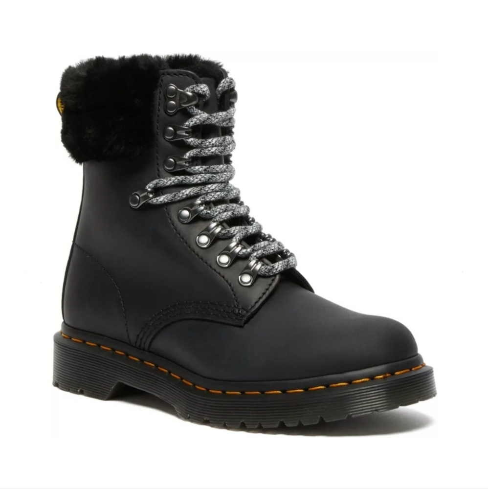 Dr. Martens Serena Collar Fur Streeter Lace up Winter Black Boots Womens Size 9